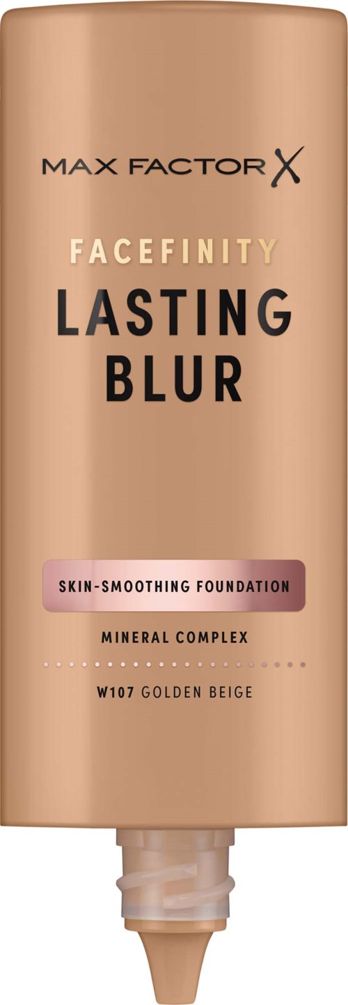 Tube of face foundation with beige packaging, brown cap, and black text, labeled Max Factor Facefinity Lasting Blur.