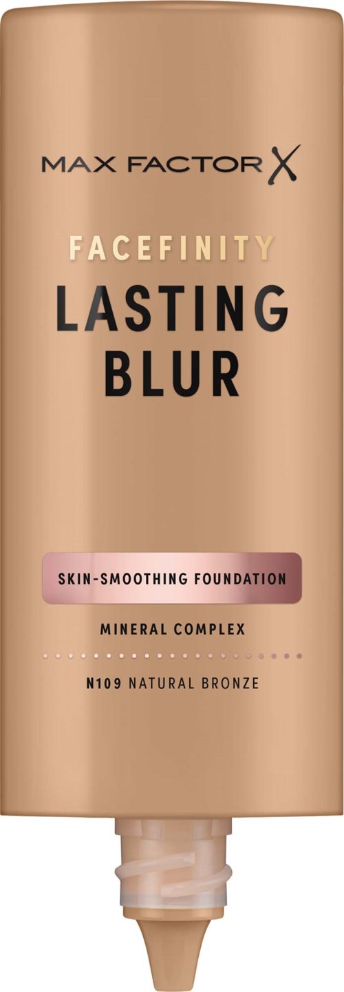 Tube of Max Factor Facefinity Lasting Blur foundation in bronze shade. Contains mineral complex and natural bronze ingredients.