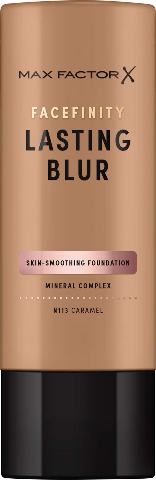 Max Factor Facefinity Lasting Blur foundation bottle in beige with black cap and pink label.