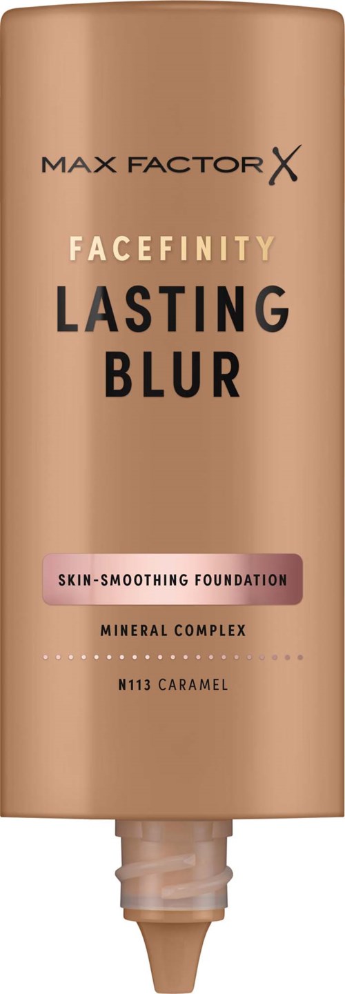 A beige tube of Max Factor Facefinity Lasting Blur foundation with a flip-top cap, showing product name and description.