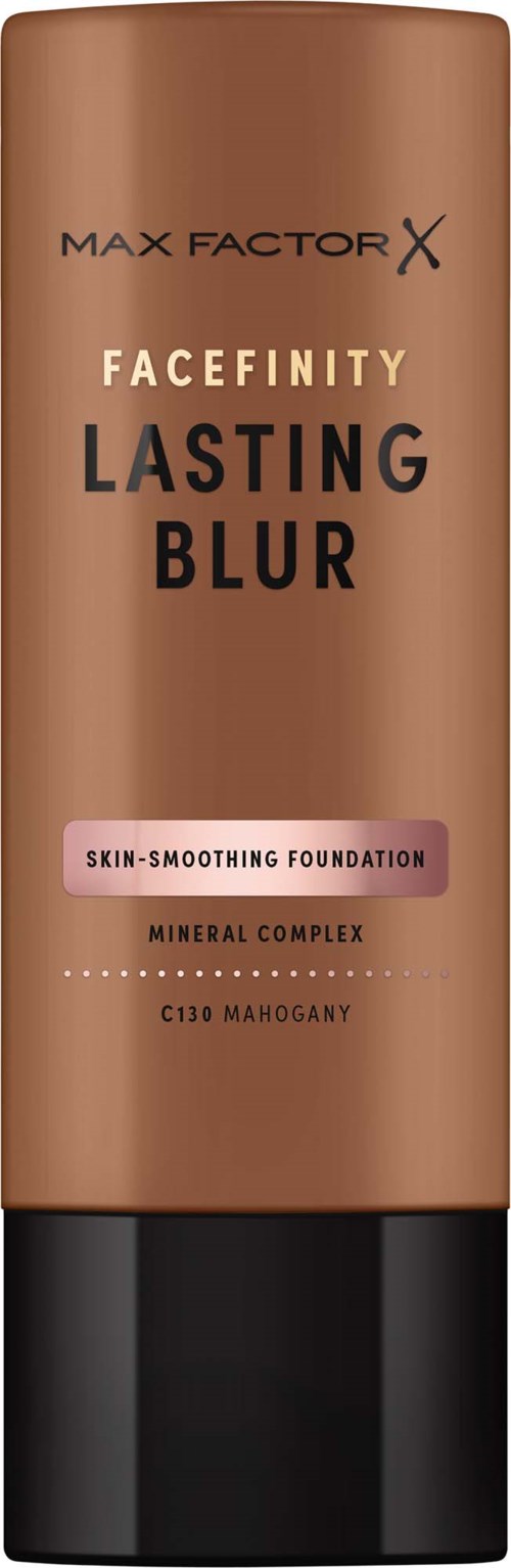 Face foundation bottle in brown with black cap, labeled Max Factor X Facefinity Lasting Blur, mineral complex, mahogany shade.