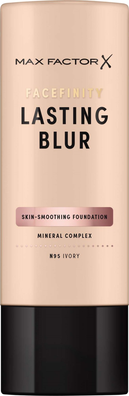 A beige bottle of Max Factor face makeup with a black cap, labeled Lasting Blur, for skin smoothing.