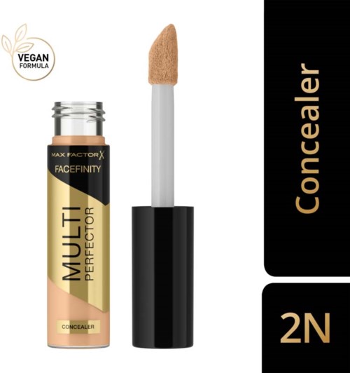 A concealer stick with a sponge applicator, labeled as "Multi Perfecter 2N," with vegan formula written on a badge.