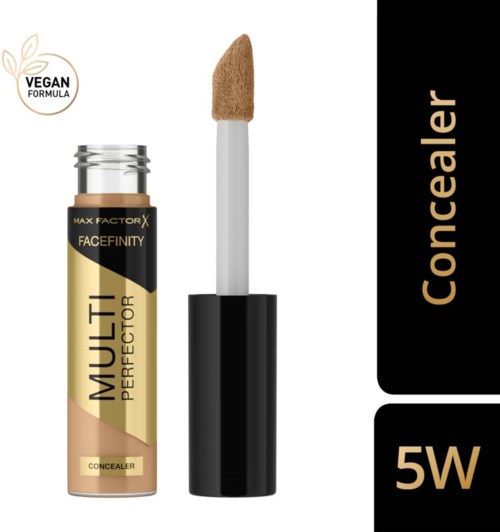 A concealer tube labeled 'Multi Perfector' with a beige sponge on the wand, showcasing vegan formula and SPF 5.