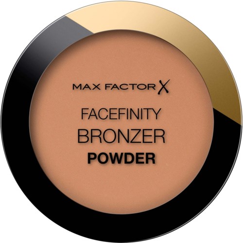 En rund kompakt med beige puder märkt 'Max Factor Facefinity Bronzers Powder.' Förpackningen har svarta och guld accenter.