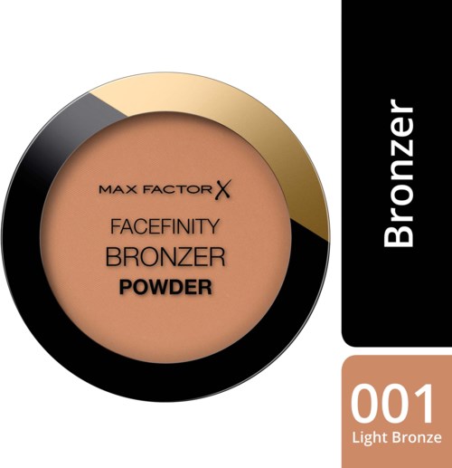 Ett puder från Max Factor i ljusbrons, med en rund design och svarta, guldiga och beige färger.