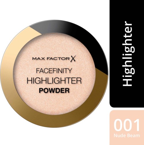 En rund makeupbehållare med beige highlightern, märket Max Factor, märkt 'Facefinity Highlighter Powder'.