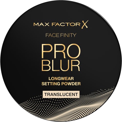 Rund svart förpackningsetikett med guld- och vit text som annonserar Max Factor Pro Blur ansiktspuder i translucent.
