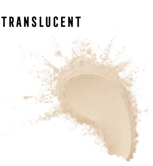 Ett beige pulver med en splash-effekt på vit bakgrund, med ordet 'TRANSLUCENT' högst upp.