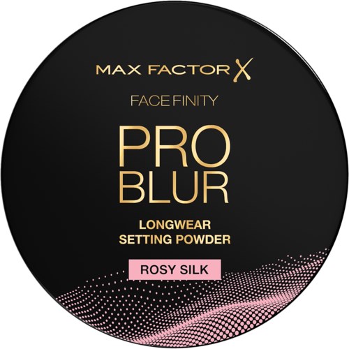 Svart cirkulärt lock med guld- och rosa text som beskriver ansiktsfixeringspuder kallat Pro Blur i nyansen Rosy Silk.