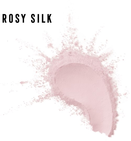 Mjuk rosa puder sträcker sig utåt, med texten 'Rosy Silk' i övre vänstra hörnet.