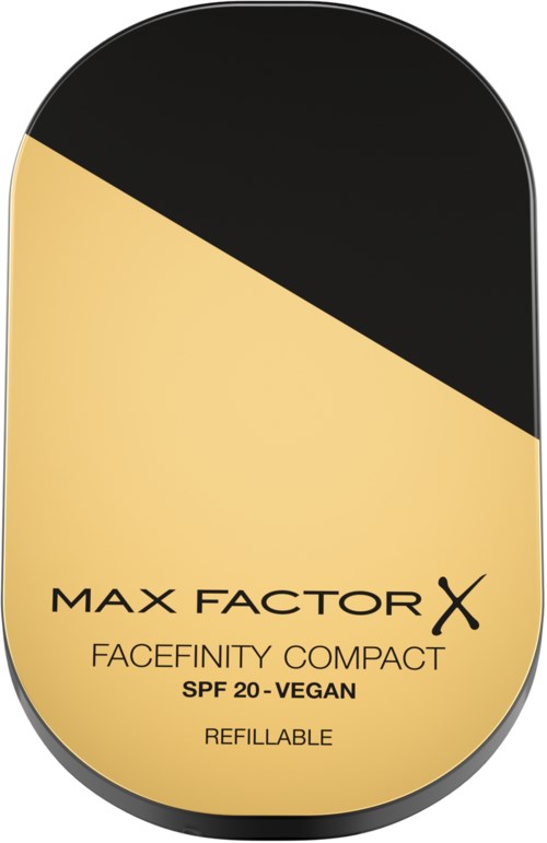 A compact, oval-shaped makeup product with black and beige colors, labeled Max Factor Facefinity Compact, SPF 20, vegan.