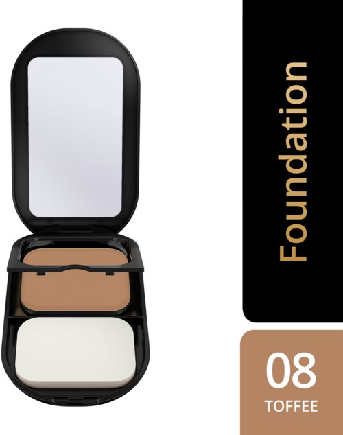 A compact makeup case with three shades of powder: light, medium, and dark. It has a mirror inside and a black lid.