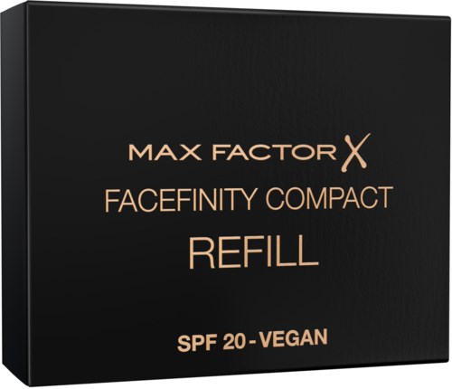 En svart boks merket 'MAX FACTOR X FACEFINITY COMPACT REFILL SPF 20 - VEGAN' i ferskengul skrift.