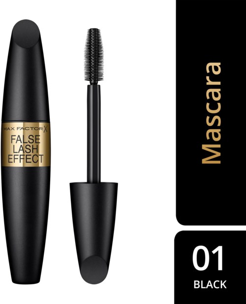 En svart mascara-pakke med gullabel som sier "FALSE LASH EFFECT" og en åpen børste ved siden av.