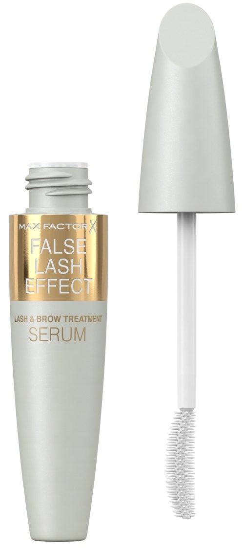 En hvit flaske med Max FactoX False Lash Effect-serum, med en hvit tut og påføringsbørste.
