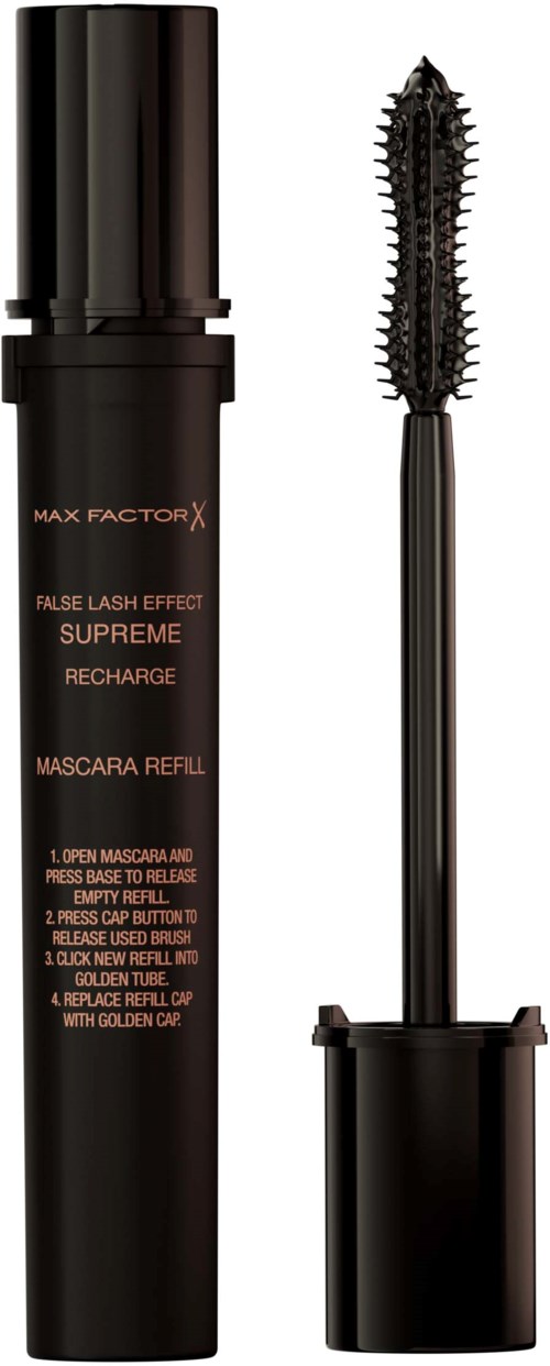 En svart tube med mascara og børste, merket Max Factor X, false lash effect og refill.
