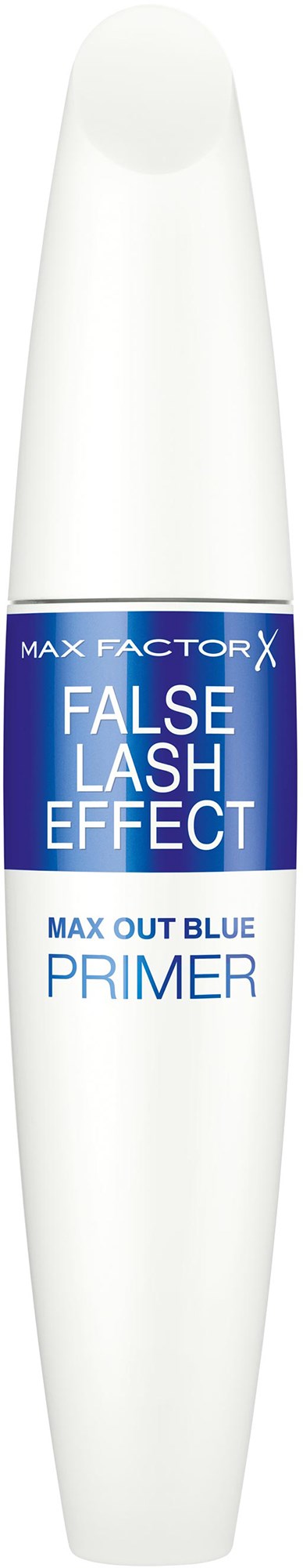 En hvid og blå kosmetikflaske mærket Max Factor X False Lash Effect Primer. Den er lang og slank.