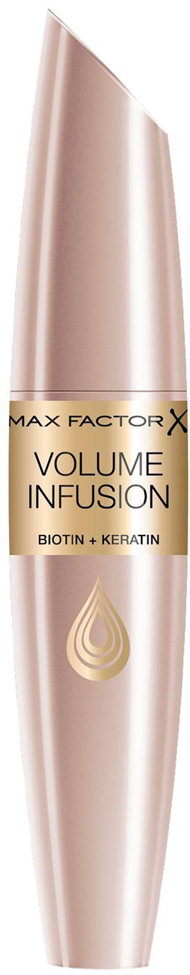 En tub av Max Factor X Volume Infusion hårprodukt i en elegant, metallisk design med guldfärgad etikett och droppikon.