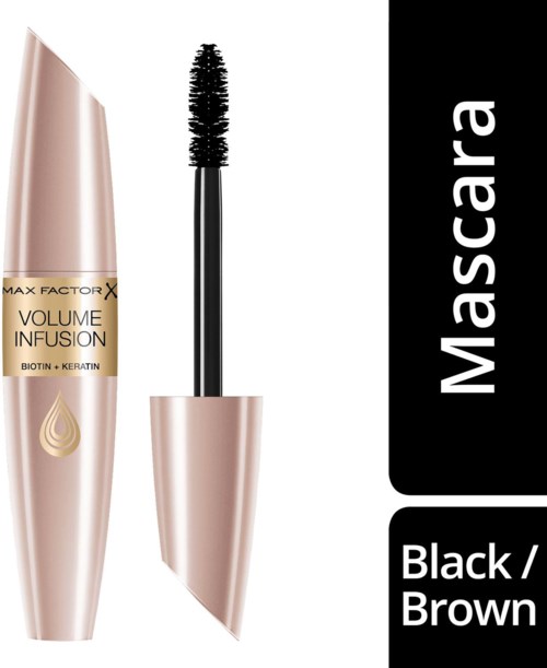 En mascara tub med borste bredvid, märkt "Max Factor X Volume Infusion" i guld och svart. Svart/Brown.