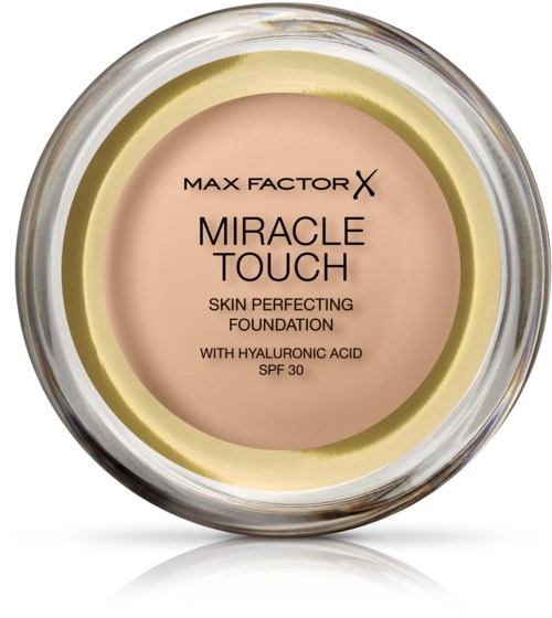 En krukke med Max Factor Miracle Touch foundation med hyaluronsyre og SPF 30.