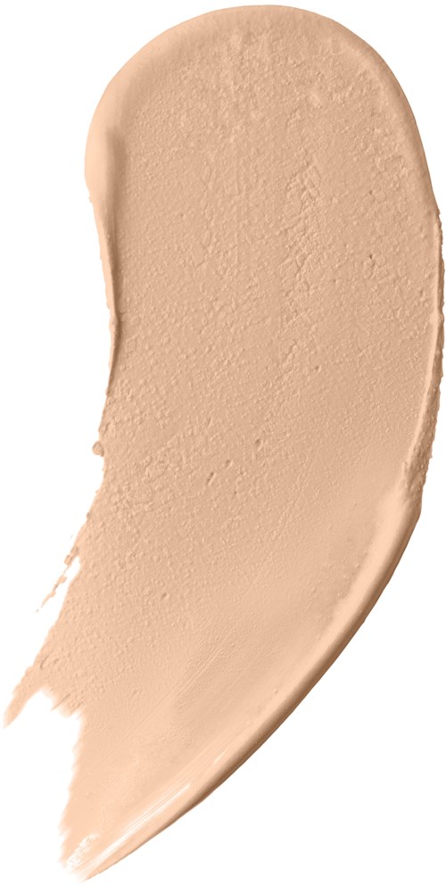 En beige smøre av kosmetikkprodukt med myk, buet form på hvit bakgrunn.