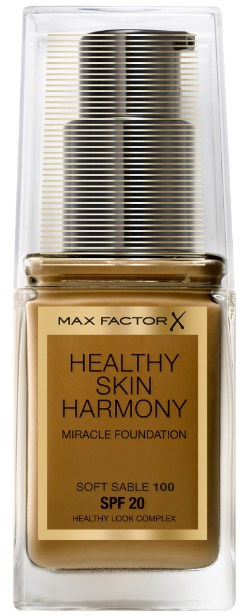 En flaske Max Factor X Miracle Foundation med SPF 20, merket som sunn hudharmoni, soft sable 100.