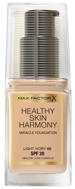 En flaske av Max Factor X Foundation merket 'Healthy Skin Harmony' med SPF 20, i lys ivory nyanse.
