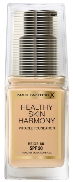 En flaska av Max Factor Healthy Skin Harmony foundation i beige med SPF 20. Transparent lock, beige vätska inuti.