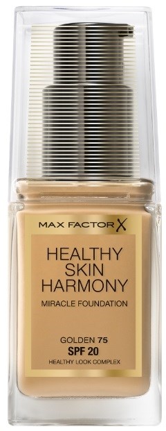 En beige flaske av Miracle Foundation med SPF 20 og gullfarget nyanse, merket 'Healthy Skin Harmony,' i gjennomsiktig emballasje.