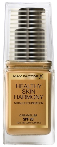 En flaske foundation merket 'Healthy Skin Harmony' med SPF 20 og karamellfarge. Klar emballasje som viser produktet innvendig.
