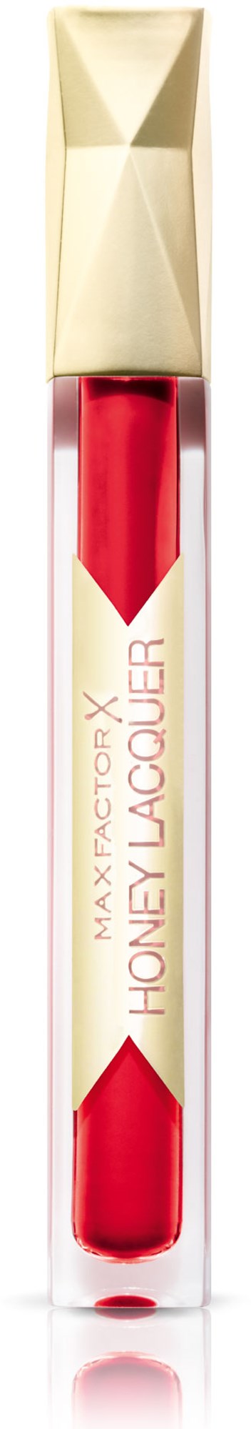 Röd läppglans i en slank tub med guld- och vit förpackning från Max Factor, märkt 'Honey Lacquer.'
