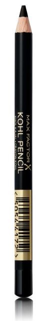 En svart ögonbrynspenna med ljus spets och guldformad streckkodsetikett, märkt "Max Factor Kohl Pencil."