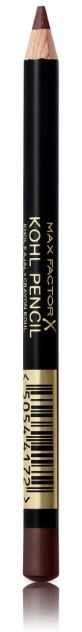 En svart penna med beige spets och streckkodsetikett, märkt Max Factor Kohl Pencil.