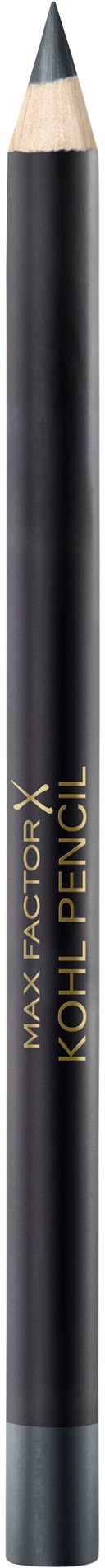 En svart penna med guld- och grå text, märkt 'Kohl Pencil' och 'Max Factor,' står vertikalt.
