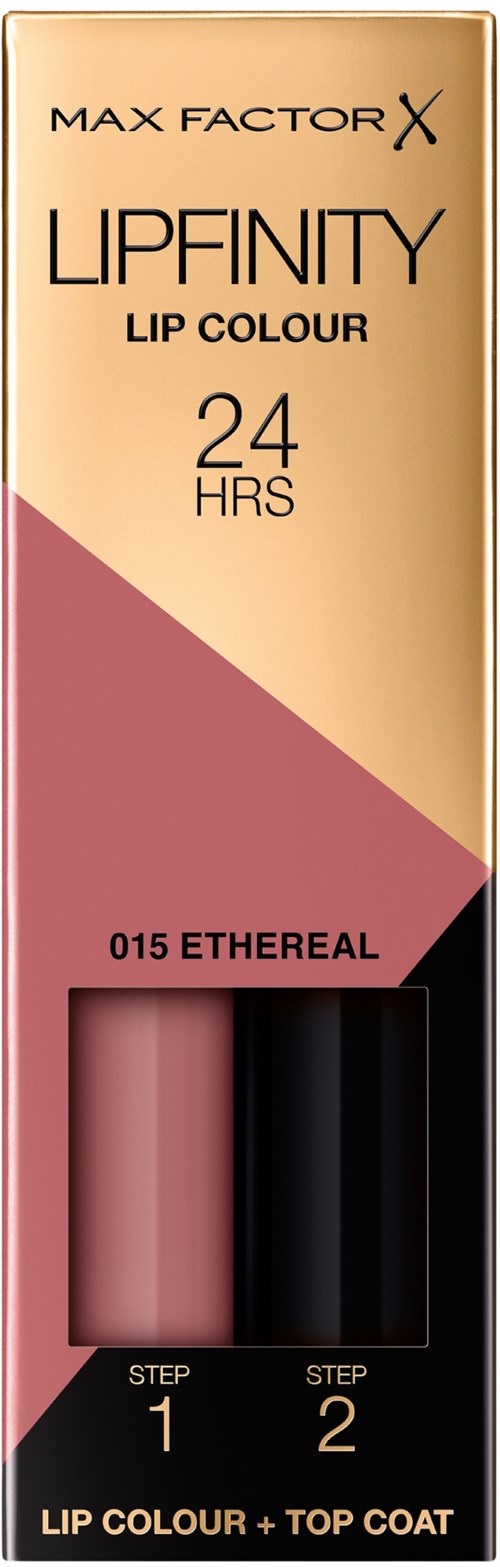 Leppestiftemballasje med rosa og svart, merket for ulike trinn, med merke- og produktinformasjon.
