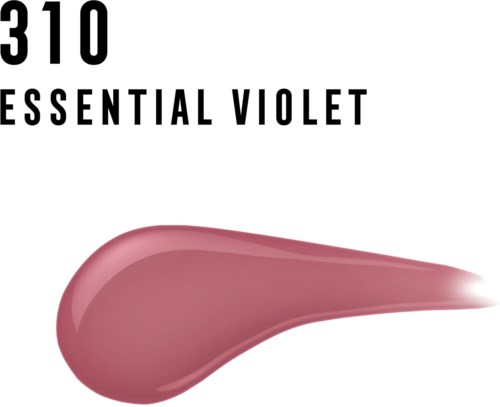 En fargeprøve som viser lilla nyanse, merket '310 Essential Violet'. Inneholder et dråpe neglelakk i samme farge.