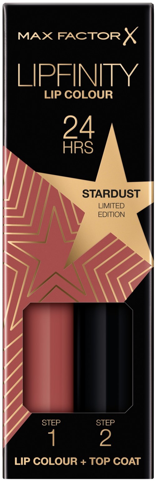 En svart eske med to leppekoster, ett rosa og et svart, merket for forskjellige steg av påføring, kalt Stardust.