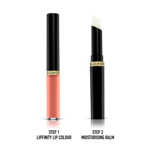 En tvåstegs läppprodukt består av Lipfinity läppstift och fuktgivande balm med vit applicator.