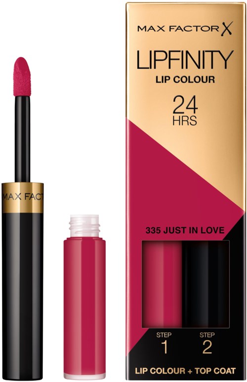 Leppeglansrør, rosa farge, med svart og gull emballasje, kalt Lipfinity, fra Max Factor, varer i 24 timer, nyanse 335.