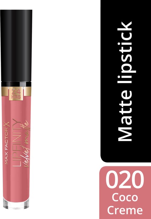 En rosa matt leppestiftrør merket '020 Coco Creme' fra Max Factor sin Lipfinity-serie.