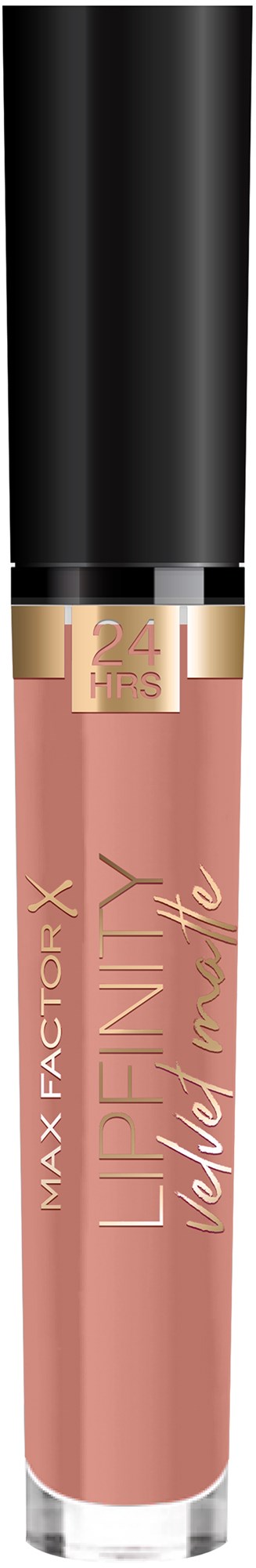 En Max Factor leppestift i nude rosa nyanse med sort og gull hette. Den er merket med 'LIFTINT' og 'velvet touch.'