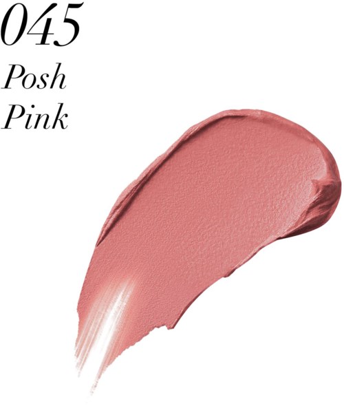 Prøve av rosa leppestift med nummer 045 og navnet Posh Pink skrevet ved siden av.