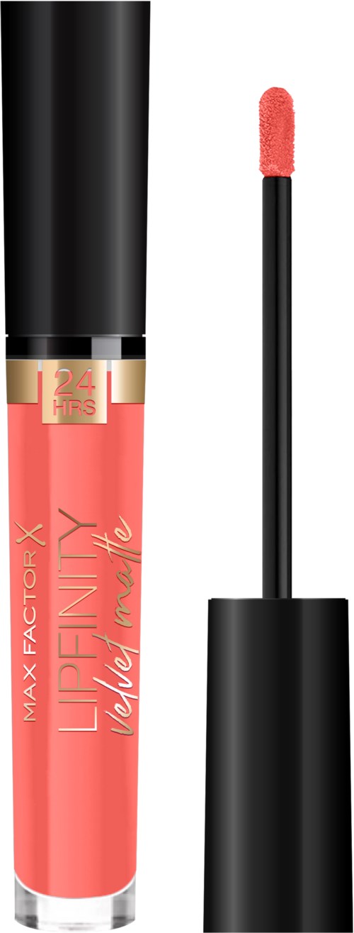 En korallfärgad flytande läppstift i en svart tub med applikator. Etiketten visar Max Factor och läppstiftsdetaljer.