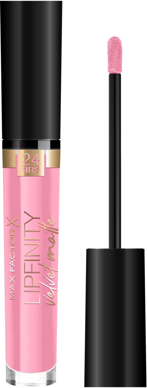 Ett rosa läppglans med svart lock och applikator. Etiketten säger MAX FACTOR och LIPFINITY.
