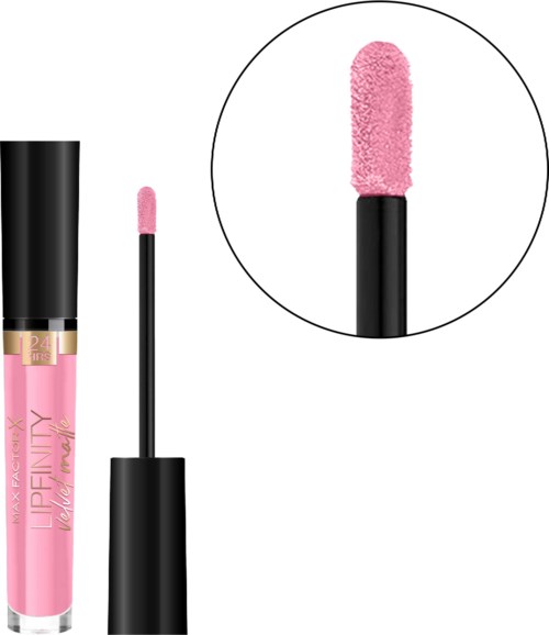 Läppglans i rosa med svart lock och applikator. Närbild visar texturerad yta av glanset.