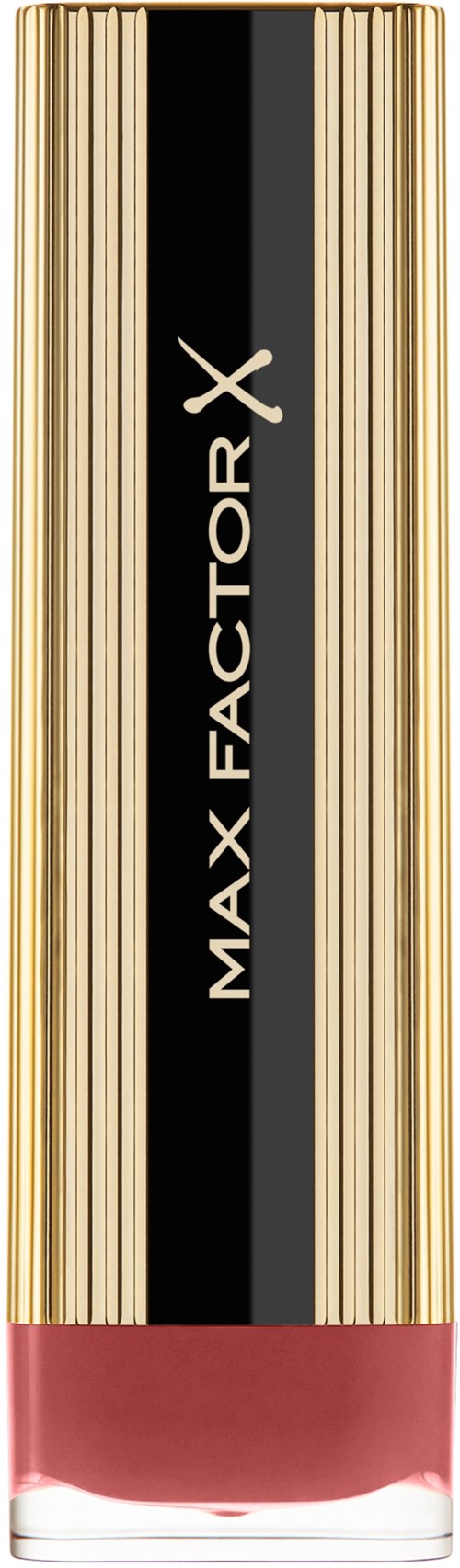 En lang leppestift-ampull med gullstriper og svart midtstykke, merket 'Max Factor X'. Rosa leppestift synlig nederst.