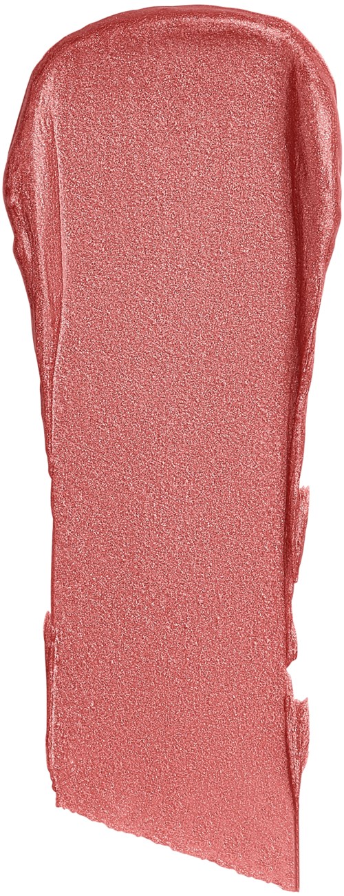 En rosaaktig rød leppestiftprøve med glatt, skinnende tekstur og litt ujevne kanter.