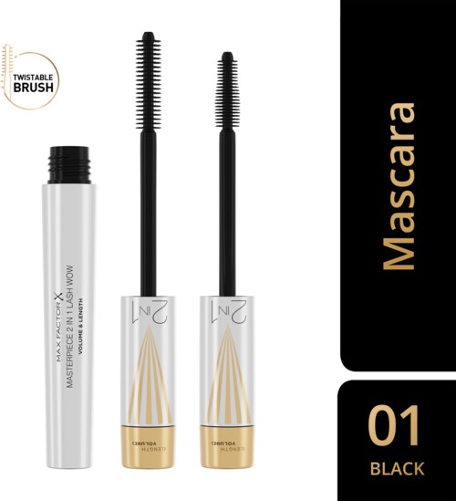 To mascaraerør og en utbøyd mascara-børste med vridbar børste vises. Produktene er svarte, hvite og gull. Logo sier 'Twistable Brush'.