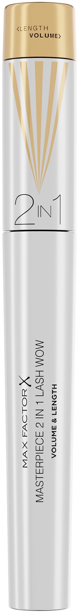 En lang, hvit og gullfarget tube med tekst, sannsynligvis et skjønnhets- eller hudpleieprodukt. Den sier "Max Factor" og "2 i 1."